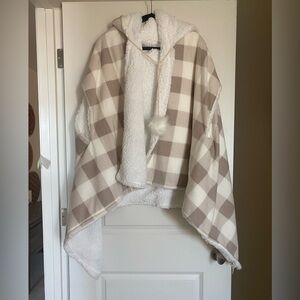 Soft Surroundings Plaid Taupe Ivory Hooded Throw Poncho One Size NWT